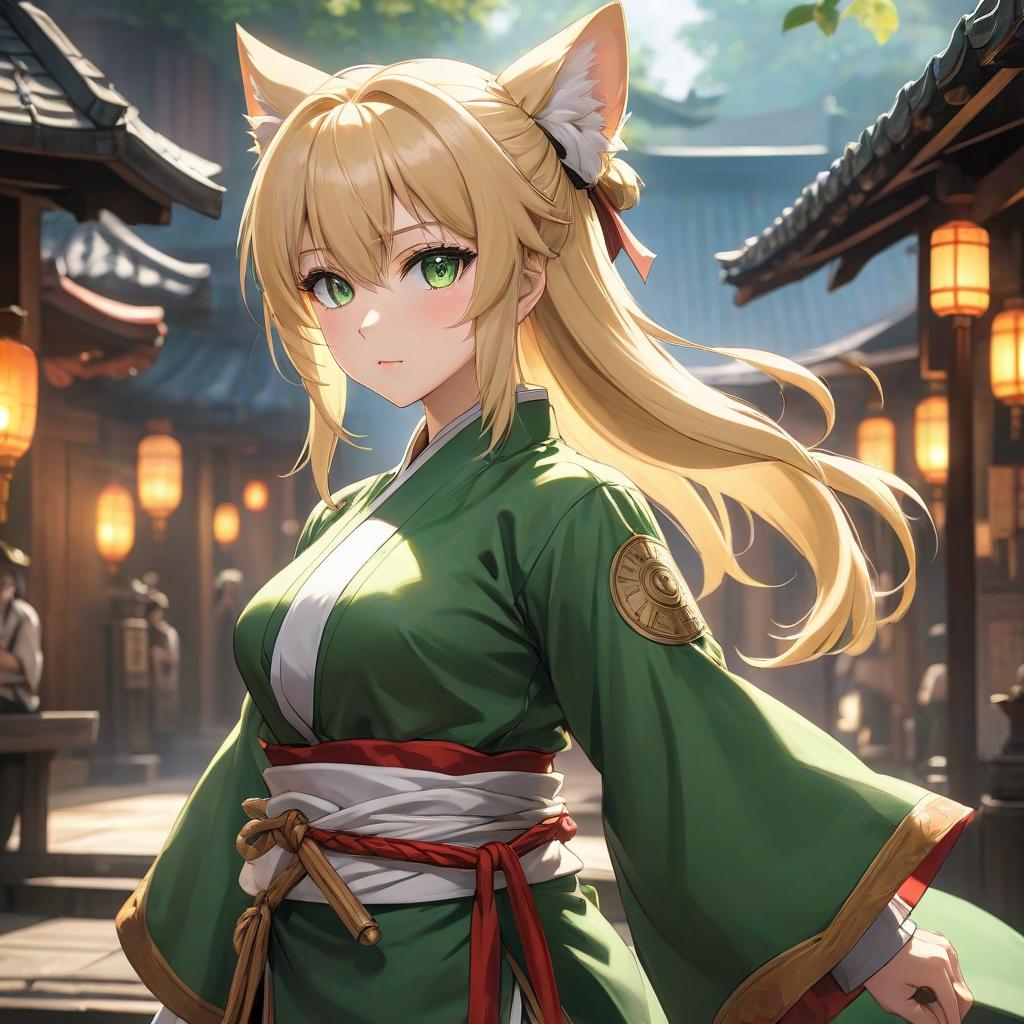  anime artwork a young , with blond hair, green eys, in Japanese martial arts clothing, 2d, anime, extremely hyper detailed clothing, (extremely hyper detailed face), (masterpiece:1.4), (perfect eyes:1.1), (deep eyes), tail body, medieval fantasy . anime style, key visual, vint, studio anime, highly detailed hyperrealistic, full body, detailed clothing, highly detailed, cinematic lighting, stunningly beautiful, intricate, sharp focus, f/1. 8, 85mm, (centered image composition), (professionally color graded), ((bright soft diffused light)), volumetric fog, trending on instagram, trending on tumblr, HDR 4K, 8K