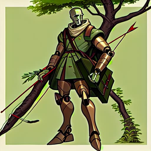  nature background warforged, his body fully is a tree body robot, behind him it's a large satchel bag, he holding a longbow in his hand, in large satchel bag is arrow, he wereing ranger clothes.