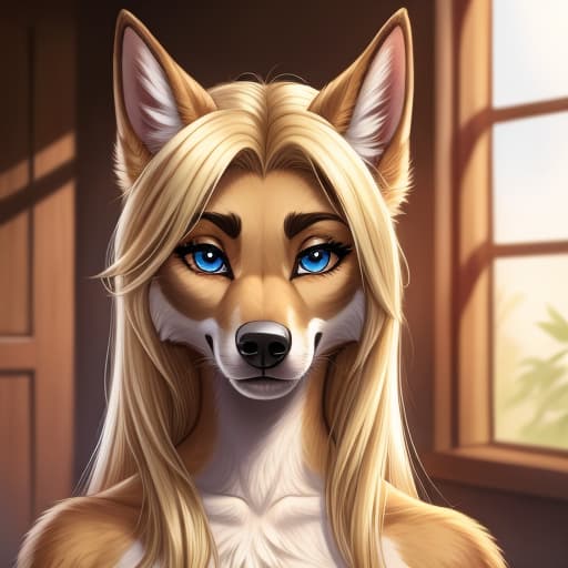  Anthro, Female, German Shepard, blue eyes, blond hair, open eyes, digital art, masterpiece, 4k, fine details,