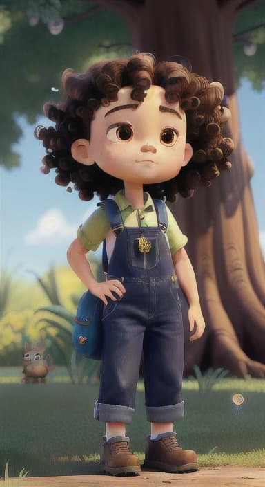  {Riley standing under the tree with eyes closed, making the wish., Riley, a curious with big brown eyes and curly hair, wearing overalls and carrying a small backpack. Their friend, Skye, a bluebird with shiny feathers.