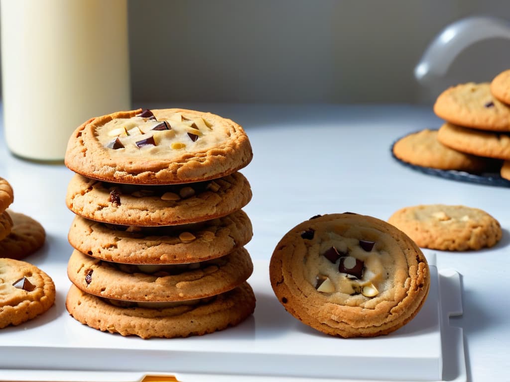  An ultradetailed image of a perfectly stacked tower of freshly baked gourmet oatmeal cookies, each cookie showcasing a goldenbrown hue with a sprinkle of whole oats on top. The cookies are placed on a sleek, white ceramic plate, set against a soft, blurred background that accentuates the texture and warm tones of the baked treats. The lighting is natural and soft, casting a gentle shadow beneath the cookies, highlighting their homemade, artisanal appeal. hyperrealistic, full body, detailed clothing, highly detailed, cinematic lighting, stunningly beautiful, intricate, sharp focus, f/1. 8, 85mm, (centered image composition), (professionally color graded), ((bright soft diffused light)), volumetric fog, trending on instagram, trending on tumblr, HDR 4K, 8K