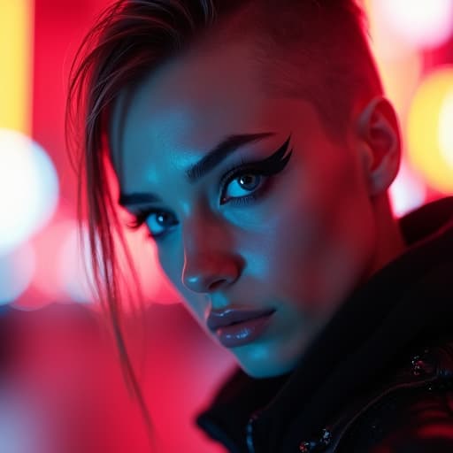  ultra realistic close up portrait ((beautiful pale cyberpunk female with heavy black eyeliner)), blue eyes, shaved side haircut, hyper detail, cinematic lighting, magic neon, dark red city, canon eos r3, nikon, f/1.4, iso 200, 1/160s, 8k, raw, unedited, symmetrical balance, in frame, 8k hyperrealistic, full body, detailed clothing, highly detailed, cinematic lighting, stunningly beautiful, intricate, sharp focus, f/1. 8, 85mm, (centered image composition), (professionally color graded), ((bright soft diffused light)), volumetric fog, trending on instagram, trending on tumblr, HDR 4K, 8K