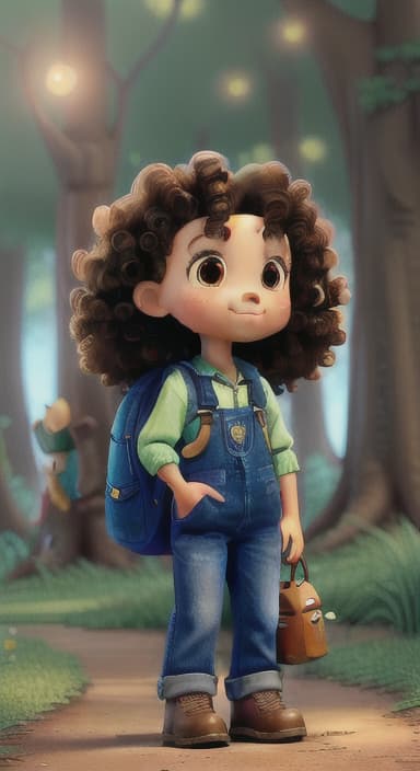  {The tree shining brightly and releasing a gentle, magical light., Riley, a curious with big brown eyes and curly hair, wearing overalls and carrying a small backpack. Their friend, Skye, a bluebird with shiny feathers.