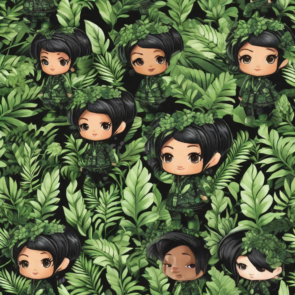  Design a captivating print all over pattern featuring a black ebony chibi and lush green foliage. Utilize copyright-free images of chibi characters and vint greenery to create a and enchanting design. Ensure the design is print-ready, with high-definition glossy finishes, ready to be applied to a variety of products. hyperrealistic, full body, detailed clothing, highly detailed, cinematic lighting, stunningly beautiful, intricate, sharp focus, f/1. 8, 85mm, (centered image composition), (professionally color graded), ((bright soft diffused light)), volumetric fog, trending on instagram, trending on tumblr, HDR 4K, 8K