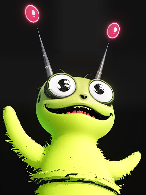  A tiny, cute, green alien with big kind eyes and smiley lips on the head., Indie game art, (Vector Art, Borderlands style, Arcane style, Cartoon style), Line art, Disctinct features, Hand drawn, Technical illustration, Graphic design, Vector graphics, High contrast, Precision artwork, Linear compositions, Scalable artwork, Digital art, cinematic sensual, Sharp focus, humorous illustration, big depth of field, Masterpiece, trending on artstation, Vivid colors, trending on ArtStation, trending on CGSociety, Intricate, Low Detail, dramatic hyperrealistic, full body, detailed clothing, highly detailed, cinematic lighting, stunningly beautiful, intricate, sharp focus, f/1. 8, 85mm, (centered image composition), (professionally color graded), ((bright soft diffused light)), volumetric fog, trending on instagram, trending on tumblr, HDR 4K, 8K