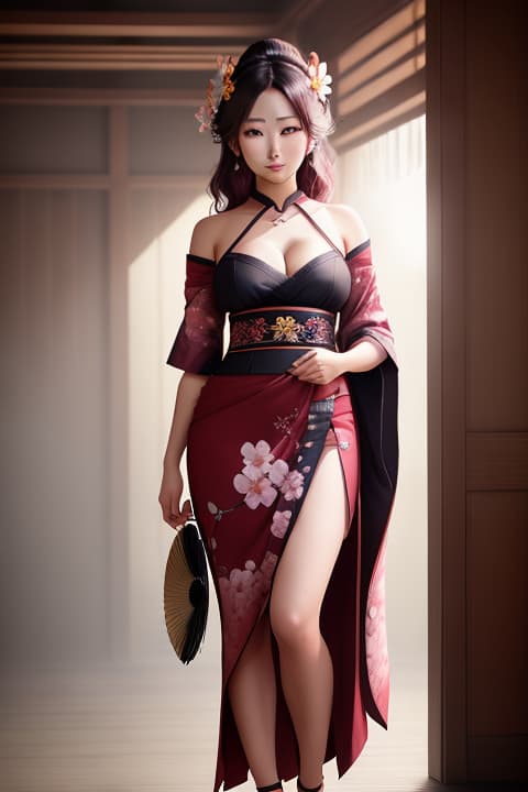  Anime , bare shoulders,  hair, architecture, black eyes, cherry blossoms, geta, east asian architecture, hand fan, flower, cloud, hair ornament, floral print, folding fan, 1, , detailed eyes, hyperrealistic, full body, highly detailed, cinematic lighting, intricate, sharp focus, f/1. 8, 85mm, (centered image composition), (professionally color graded), ((bright soft diffused light)), volumetric fog, trending on instagram, HDR 4K, 8K