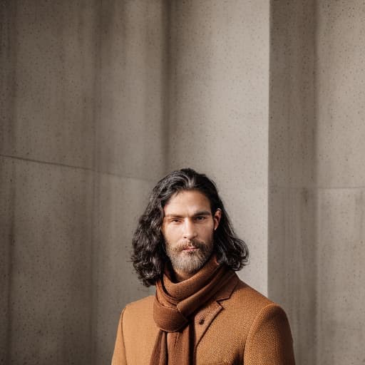 portrait+ style Portrait of a handsome man with crimson eyes, long black hair and light skin. Wearing a black coat with a brown scarf.