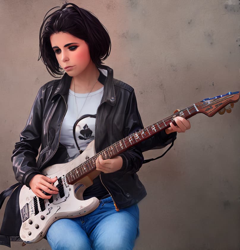  mujer con chaqueta negra y guitarra electrica