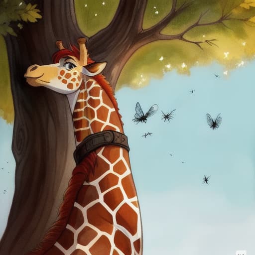  watercolor, storybook, child-book, Cartoon style simple drawing of a giraffe with a white background and black lines, under a large tree, interacting with small insects, best quality, very detailed, high resolution, sharp, sharp image hyperrealistic, full body, detailed clothing, highly detailed, cinematic lighting, stunningly beautiful, intricate, sharp focus, f/1. 8, 85mm, (centered image composition), (professionally color graded), ((bright soft diffused light)), volumetric fog, trending on instagram, trending on tumblr, HDR 4K, 8K