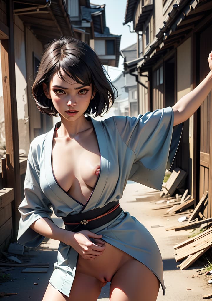  ((Prompt A woman wearing a short kimono ,nude, pussy,fights with John Wick in an abandoned village. ancient 64k, realistic, )),(), beautiful, high quality,masterpiece,extremely detailed,high res,4k,ultra high res,detailed shadow,ultra realistic,dramatic lighting,bright light