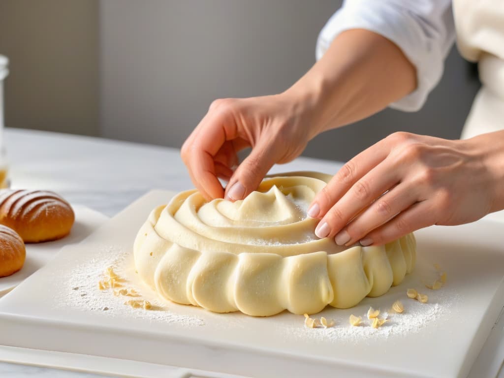  A closeup, highresolution image of a pair of hands gracefully shaping dough into delicate pastries, showcasing the intricate process of pastry making with a focus on the hands' dexterity and skill. The background is blurred to emphasize the hands and the dough, creating a serene and minimalist composition that conveys the artistry and precision involved in adapting baking techniques for carpal tunnel syndrome. hyperrealistic, full body, detailed clothing, highly detailed, cinematic lighting, stunningly beautiful, intricate, sharp focus, f/1. 8, 85mm, (centered image composition), (professionally color graded), ((bright soft diffused light)), volumetric fog, trending on instagram, trending on tumblr, HDR 4K, 8K