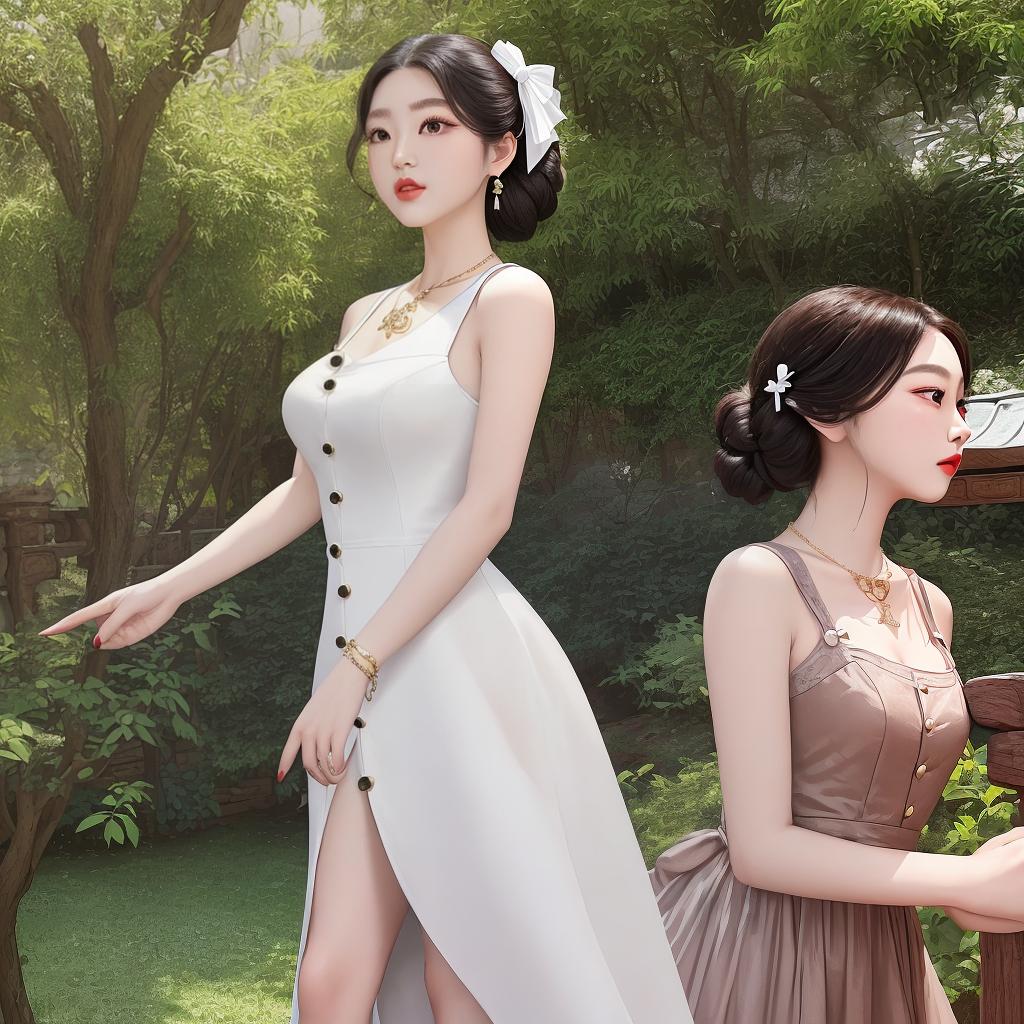  masterpiece, best quality, named Jessie, Chinese girl with large eyes, long eyelashes, curved eyebrows, cherry-like lips, and an oval face, and she wears a white sleeveless dress with button detailing. This dress has a V-shaped neckline and a tiny bow on the stiletto straps that add a feminine touch to the design. The figure also wears a fine gold necklace with an elaborate pendant. The whole environment is reminiscent of the Great Wall outdoors and the foliage-filled environment and daytime light.