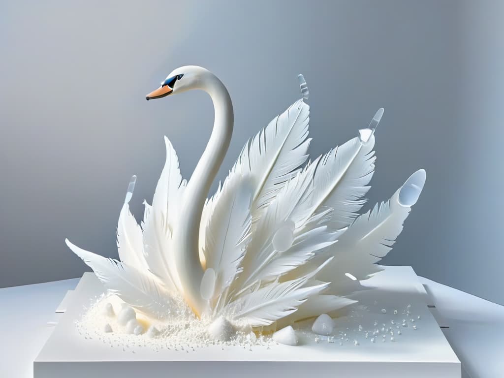  An intricately crafted sugar sculpture of a delicate swan, shattered into multiple pieces, with fine sugar shards scattered elegantly on a pristine white surface. The fragments showcase the detailed workmanship in creating the swan's graceful curves and feathers, emphasizing the artistry and fragility of sugar sculptures. hyperrealistic, full body, detailed clothing, highly detailed, cinematic lighting, stunningly beautiful, intricate, sharp focus, f/1. 8, 85mm, (centered image composition), (professionally color graded), ((bright soft diffused light)), volumetric fog, trending on instagram, trending on tumblr, HDR 4K, 8K