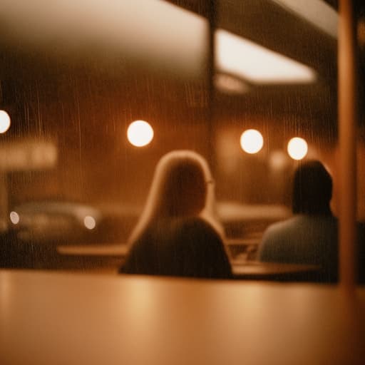 analog style rustic coffee shop on a rainy day, with raindrops blurring the window and patrons silhouetted against the warm interior light, all framed with the vignette characteristic of a vintage lens
