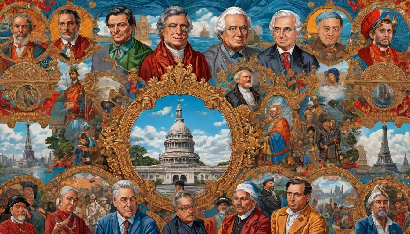  digital painting of A tapestry of human faces and iconic landmarks from various epochs, intertwined with political symbols and era defining artifacts. Social fabric, interconnectedness, influence and response, detailed, dynamic looking at viewer, dynamic pose, (intricate details, masterpiece, best quality)