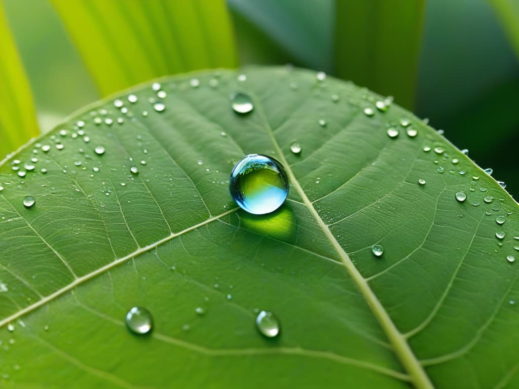  A closeup, ultradetailed image of a perfectly symmetrical water droplet delicately balanced on a vibrant green leaf, reflecting the surrounding sunlight with crystalclear precision. The droplet's surface tension is visible, creating a mesmerizing display of miniature refractions and reflections, showcasing the purity and importance of water in the art of pastry making. hyperrealistic, full body, detailed clothing, highly detailed, cinematic lighting, stunningly beautiful, intricate, sharp focus, f/1. 8, 85mm, (centered image composition), (professionally color graded), ((bright soft diffused light)), volumetric fog, trending on instagram, trending on tumblr, HDR 4K, 8K