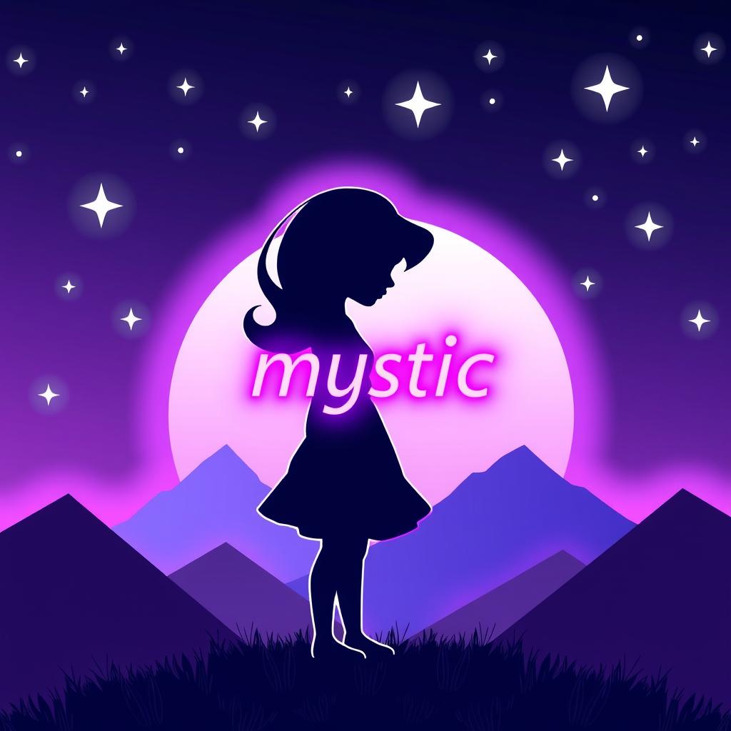  good quality, high quality, a cute girl in a silhouette with flowing hair, wearing a simple dress, standing in front of a glowing, mystical moon. the scene includes stylized mountains and a vibrant night sky with twinkling stars. the word "mystic" is displayed in a stylish, neon like font at the center of the image. the overall design has a clean, modern aesthetic with shades of blue, purple, and neon accents, perfect for a graphic designer's profile picture.