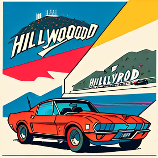  A retro pop art-style illustration of the famous Hollywood sign, surrounded by colorful and iconic classic cars like the Corvette and the Mustang.