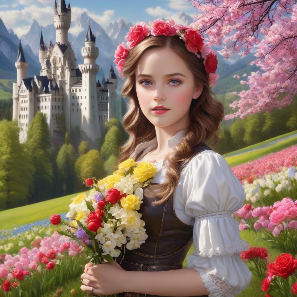  Neuschwanstein. A very pretty girl. Brown hair, blue eyes. Same eye size.((Sparkling rim)): spring field, hyacinths, roses, rosehips, rose hips, peonies, cherry tree, yellow, red, black flowers, forget me nots. hyperrealistic, full body, detailed clothing, highly detailed, cinematic lighting, stunningly beautiful, intricate, sharp focus, f/1. 8, 85mm, (centered image composition), (professionally color graded), ((bright soft diffused light)), volumetric fog, trending on instagram, trending on tumblr, HDR 4K, 8K