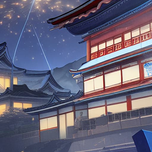  Low angle, face close up,The background of the hanok, a group of secret royal inspectors shooting blue lasers from a distance follow. In the vicinity, bad bureaucrats fall and gold and silver treasures pour out at night