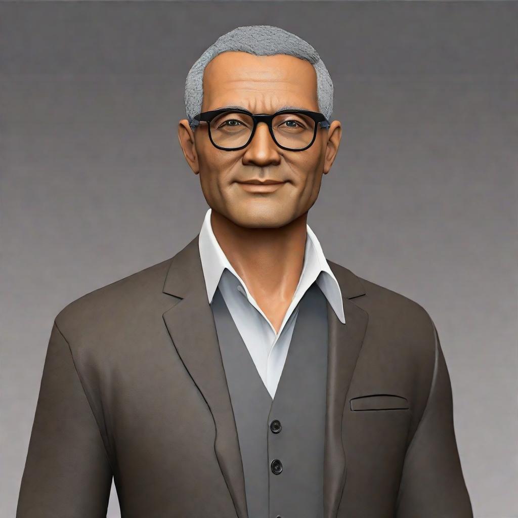  masterpiece, best quality,Generate an avatar that reflects an innovative and charismatic leader. The avatar should represent a middle-aged male with light brown skin. I want the avatar to have short black hair, brown eyes, and wear modern glasses. His attire should be a black t-shirt. Add a plain background. ,