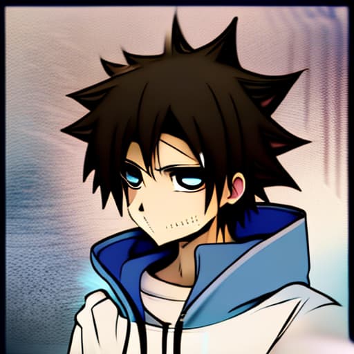  Make me a anime man with blue and white hoodie with rain background