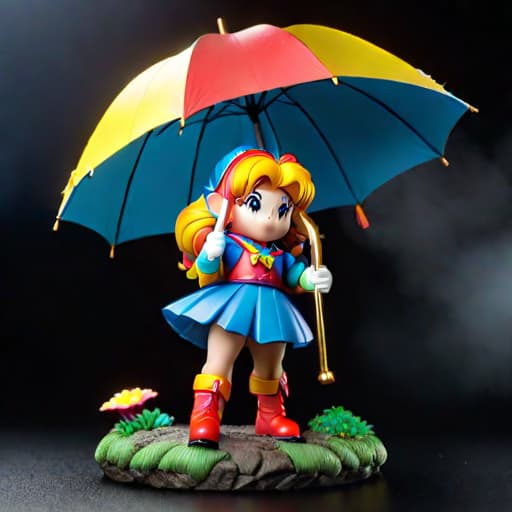  highly detailed clay model of Rainbow Brite holding an umbrella diorama hyperrealistic, full body, detailed clothing, highly detailed, cinematic lighting, stunningly beautiful, intricate, sharp focus, f/1. 8, 85mm, (centered image composition), (professionally color graded), ((bright soft diffused light)), volumetric fog, trending on instagram, trending on tumblr, HDR 4K, 8K