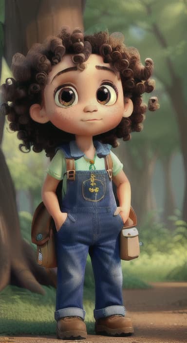  {The tree with a twinkling eye, while its leaves gently rustle., Riley, a curious with big brown eyes and curly hair, wearing overalls and carrying a small backpack. Their friend, Skye, a bluebird with shiny feathers.