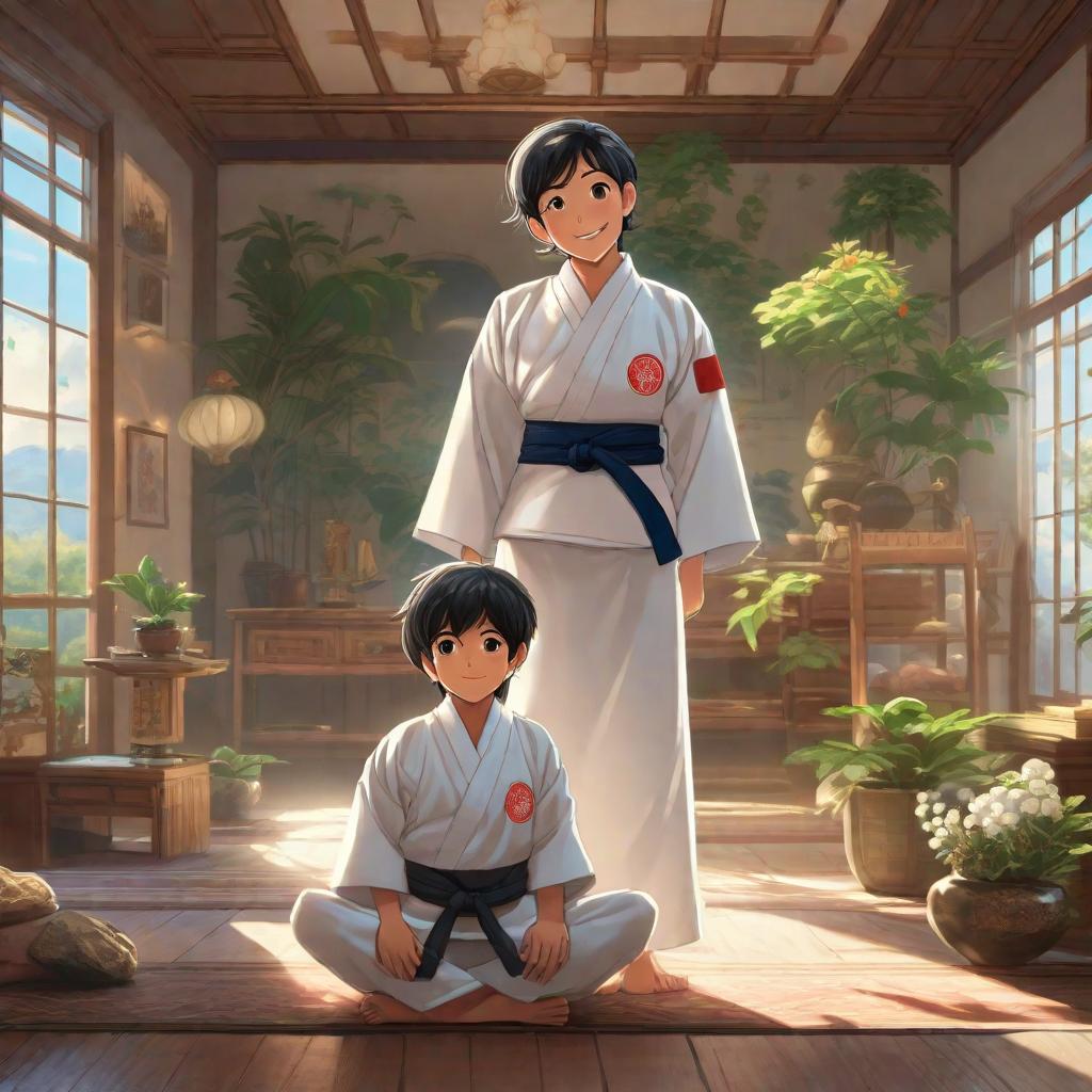  A happy child inside a room wearing a karate uniform., anime concept art by Hayao Miyazaki, featured on pixiv, fantasy art, concept art, official art, high detailed hyperrealistic, full body, detailed clothing, highly detailed, cinematic lighting, stunningly beautiful, intricate, sharp focus, f/1. 8, 85mm, (centered image composition), (professionally color graded), ((bright soft diffused light)), volumetric fog, trending on instagram, trending on tumblr, HDR 4K, 8K