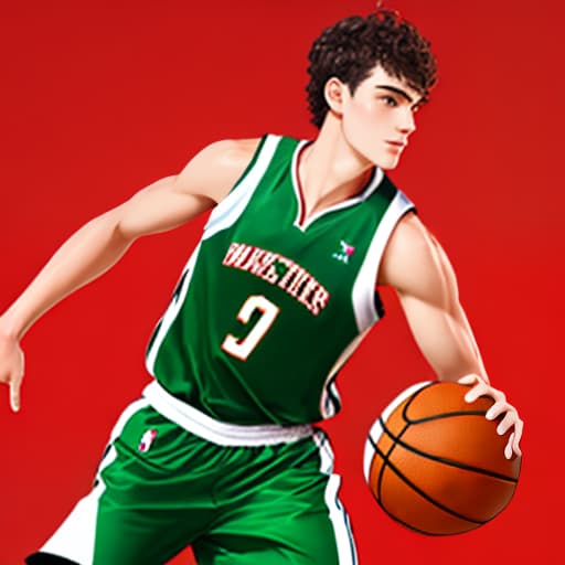  create an image of a boy with short, curly dark hair and bright green eyes. A tall, sporty, muscular boy who plays basketball.