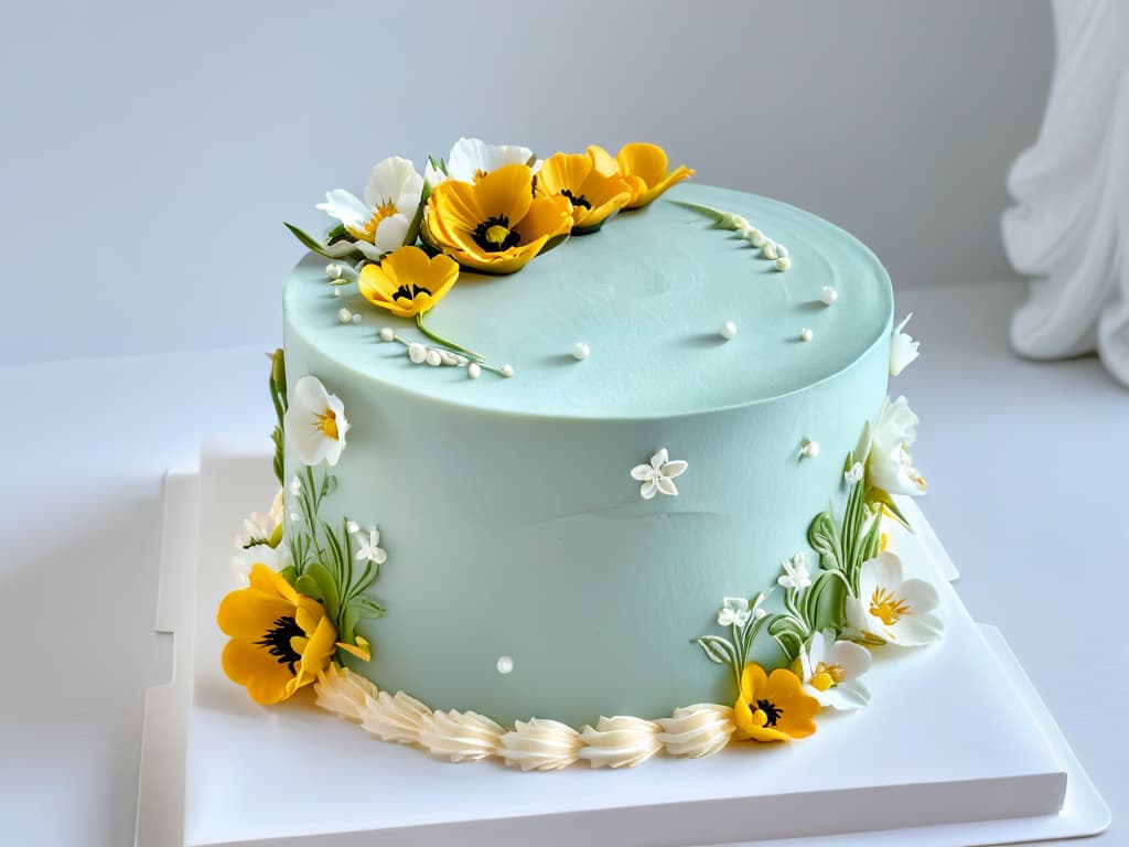  An ultradetailed image of a delicate, intricately designed cake showcasing minimalistic aesthetics in a serene, monochromatic color palette. The cake is adorned with subtle edible flowers and elegant piping details, exuding a sense of refined artistry and sophistication. hyperrealistic, full body, detailed clothing, highly detailed, cinematic lighting, stunningly beautiful, intricate, sharp focus, f/1. 8, 85mm, (centered image composition), (professionally color graded), ((bright soft diffused light)), volumetric fog, trending on instagram, trending on tumblr, HDR 4K, 8K