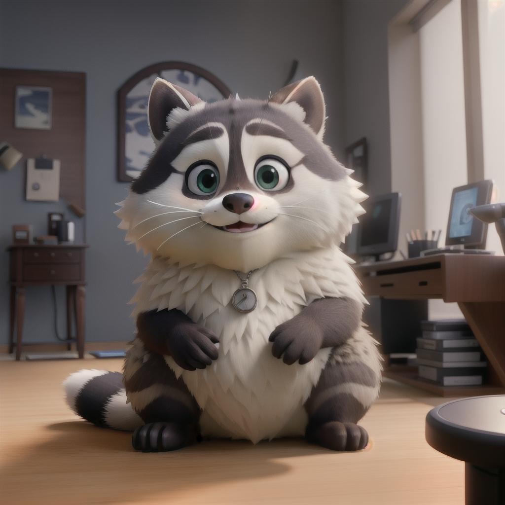  raccoon sitting in gaming chair front a computer on desktop, ((semi anthropomorphic)),(full body), tail, belly, sitting, fat, (chubby), (((white background))), solo, desktop, gaming chair, side view,  [[[clothes]]] hyperrealistic, full body, detailed clothing, highly detailed, cinematic lighting, stunningly beautiful, intricate, sharp focus, f/1. 8, 85mm, (centered image composition), (professionally color graded), ((bright soft diffused light)), volumetric fog, trending on instagram, trending on tumblr, HDR 4K, 8K