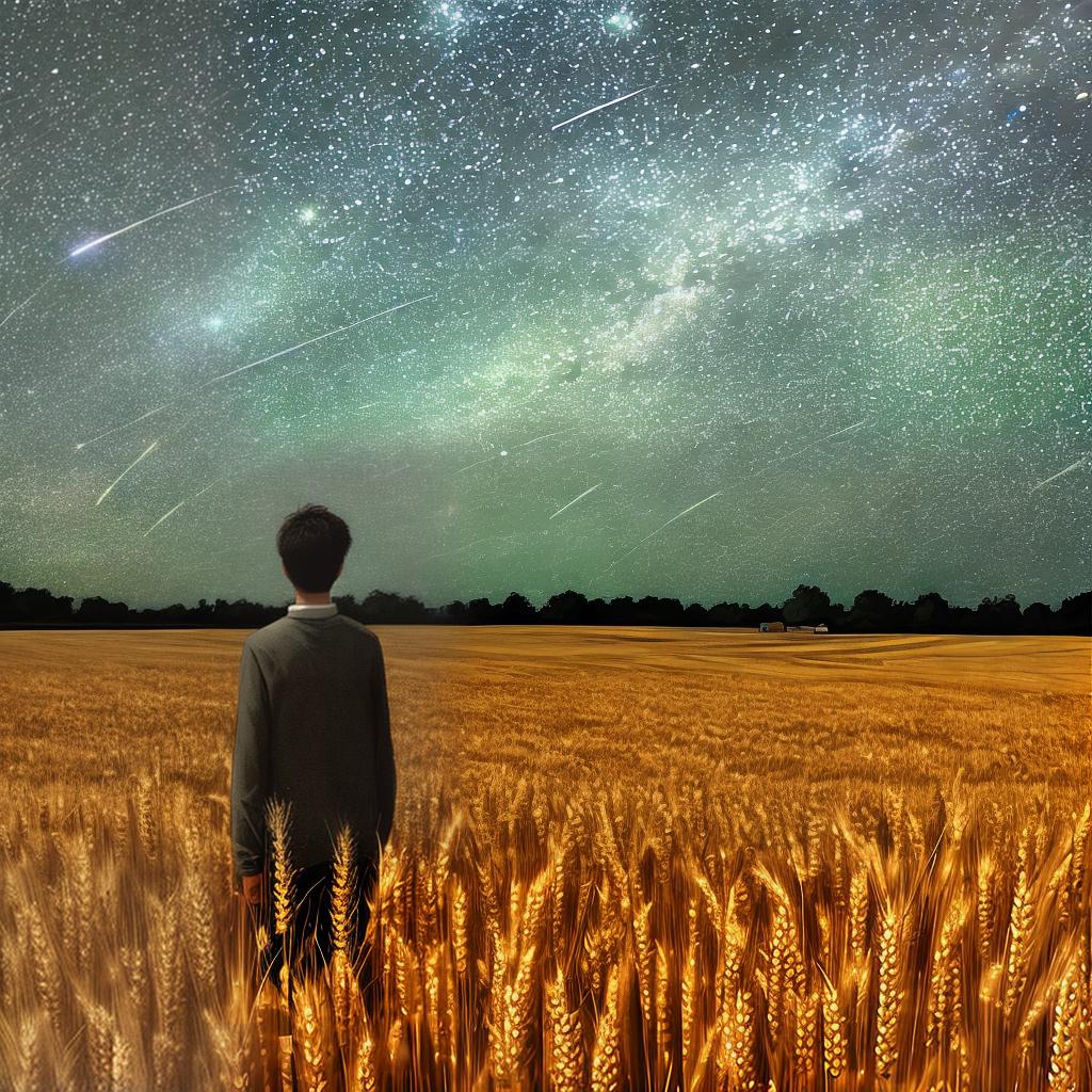  masterpiece, best quality, in summer,sky,stars,night,wheat field,boy,solo,on back,looking afar