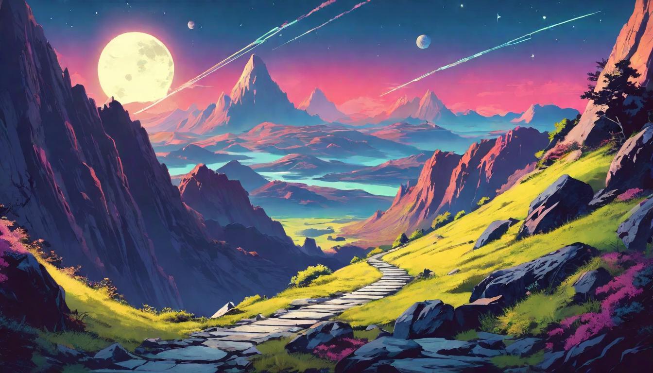  retro futuristic Stony path leading up a mountain, marked by milestones glowing under the moon. Personal journey, landmarks of growth. Ascending, enlightening. lvintage sci fi, 50s and 60s style, atomic age, vibrant, highly detailed