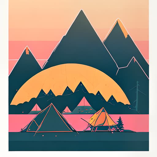 nvinkpunk Whimsical mountains with trees, camping tent and fire