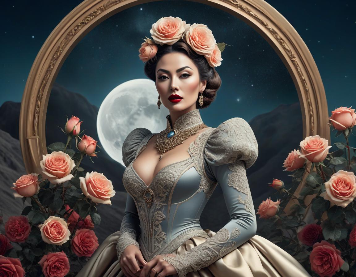  surrealist art An elaborate digital artwork of a woman in vintage attire with roses and a lunar backdrop. . dreamlike, mysterious, provocative, symbolic, intricate, detailed hyperrealistic, full body, detailed clothing, highly detailed, cinematic lighting, stunningly beautiful, intricate, sharp focus, f/1. 8, 85mm, (centered image composition), (professionally color graded), ((bright soft diffused light)), volumetric fog, trending on instagram, trending on tumblr, HDR 4K, 8K