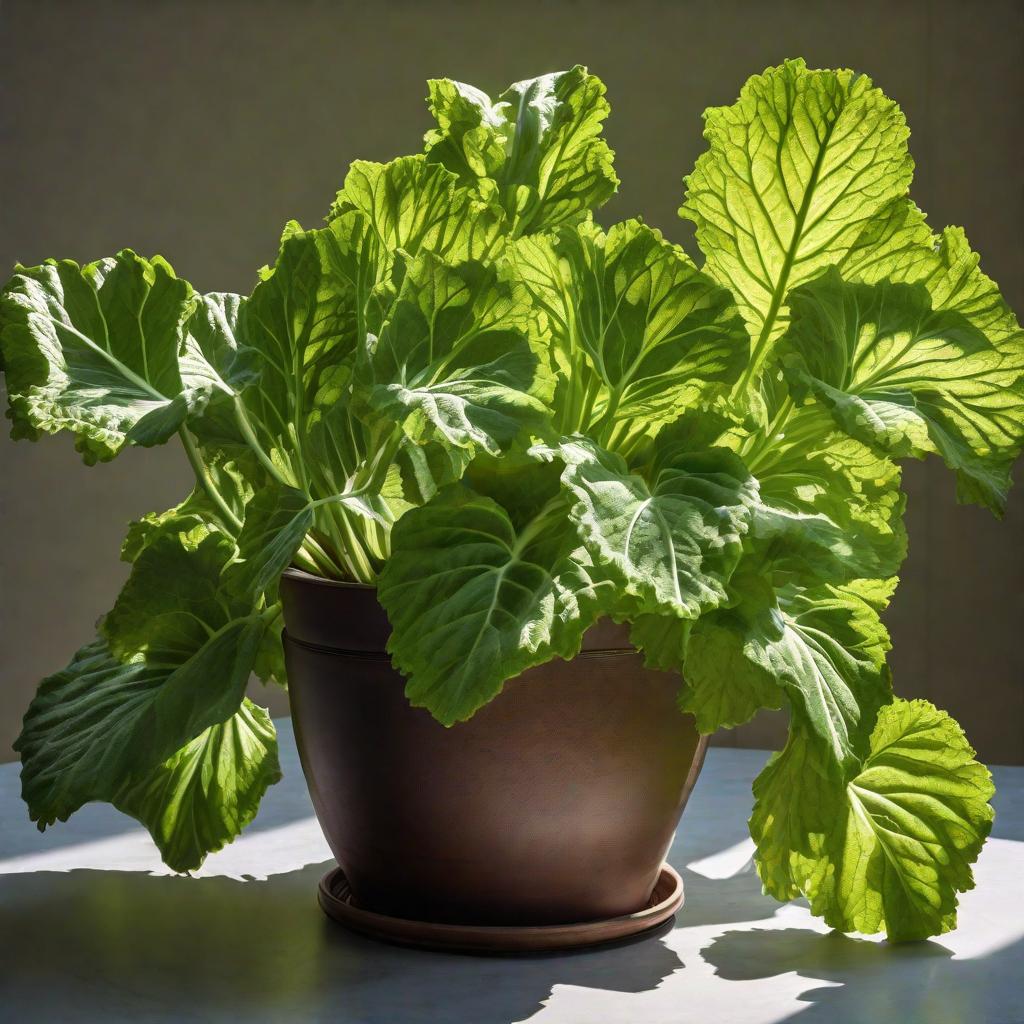  A SINGLE HUGE VERY WRINKLED GREEN RHUBARB IN A POT. INTENSE SUNLIGHT SHINING THROUGH THE LEAVES. SPRING., realistic, portrait, art by donato giancola and greg rutkowski, realistic face, digital art, trending on artstation hyperrealistic, full body, detailed clothing, highly detailed, cinematic lighting, stunningly beautiful, intricate, sharp focus, f/1. 8, 85mm, (centered image composition), (professionally color graded), ((bright soft diffused light)), volumetric fog, trending on instagram, trending on tumblr, HDR 4K, 8K