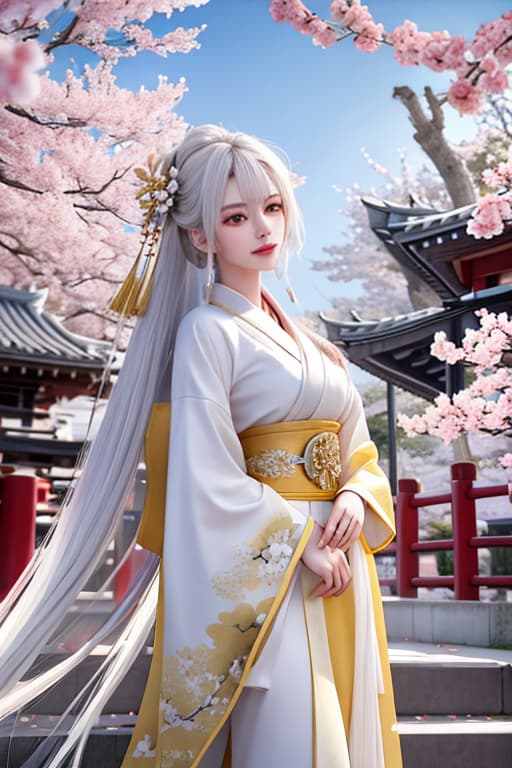  masterpiece, best quality, 1girl, yellow eyes, long hair, white hair, tree, stairs, standing, kimono, sky, cherry blossoms, temple, looking at viewer, upper body, from below, looking back hyperrealistic, full body, detailed clothing, highly detailed, cinematic lighting, stunningly beautiful, intricate, sharp focus, f/1. 8, 85mm, (centered image composition), (professionally color graded), ((bright soft diffused light)), volumetric fog, trending on instagram, trending on tumblr, HDR 4K, 8K