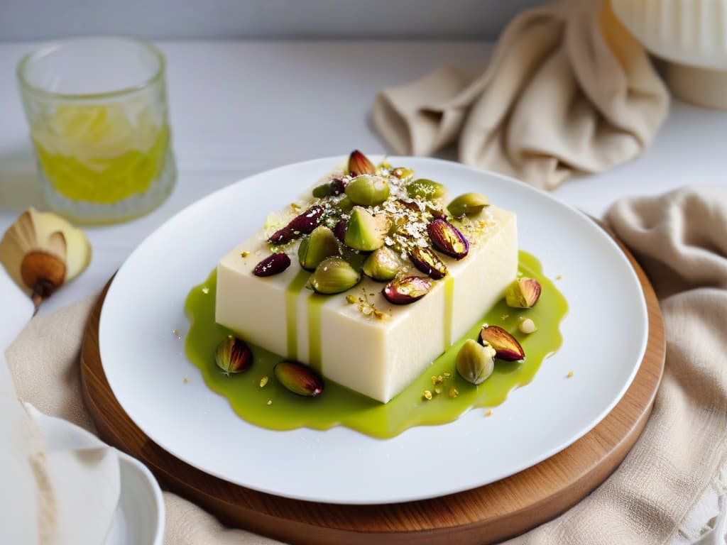  An image of a perfectly sliced piece of halawa on a sleek, white plate, garnished with a sprinkle of crushed pistachios and a drizzle of honey. The halawa is delicately translucent, showcasing its smooth texture, while the pistachios add a pop of color and texture, and the honey glistens under the light, emphasizing the sweetness of the dessert. The minimalistic presentation highlights the elegance and simplicity of this delectable treat, inviting the viewer to indulge in its decadence. hyperrealistic, full body, detailed clothing, highly detailed, cinematic lighting, stunningly beautiful, intricate, sharp focus, f/1. 8, 85mm, (centered image composition), (professionally color graded), ((bright soft diffused light)), volumetric fog, trending on instagram, trending on tumblr, HDR 4K, 8K