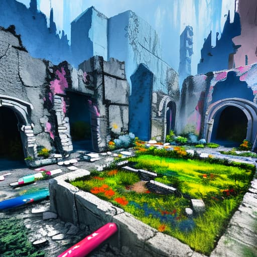  Crayon painted colorful world ruins,