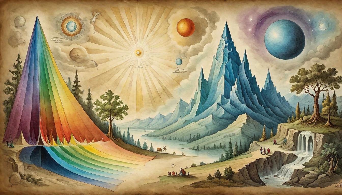  on parchment, surrealism+++, Spectra of light filtering through a prism, each beam a unique frequency, spectrum of discernment, myriad possibilities, clarity among choices, enlightenment through understanding(mysterious, provocative, symbolic,muted color)+++