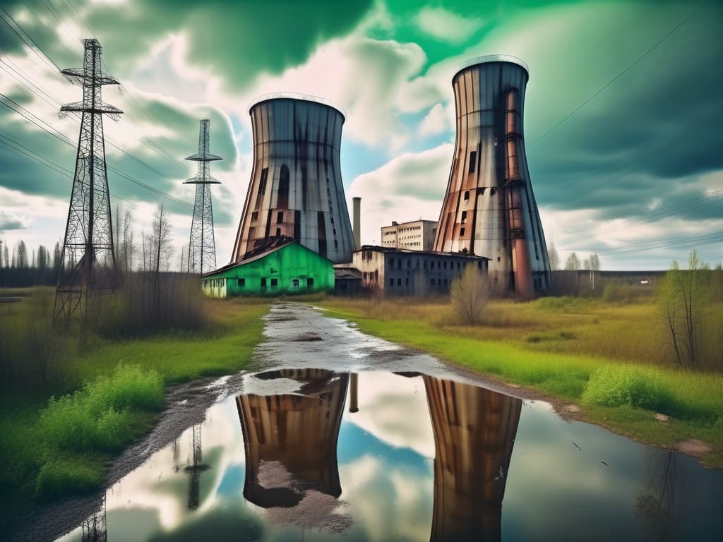  abandoned russian town with giant iron mill and nuclear plant, bright sky, sunny day, eerie mood, green puddles, dull colors, high detail, areial view