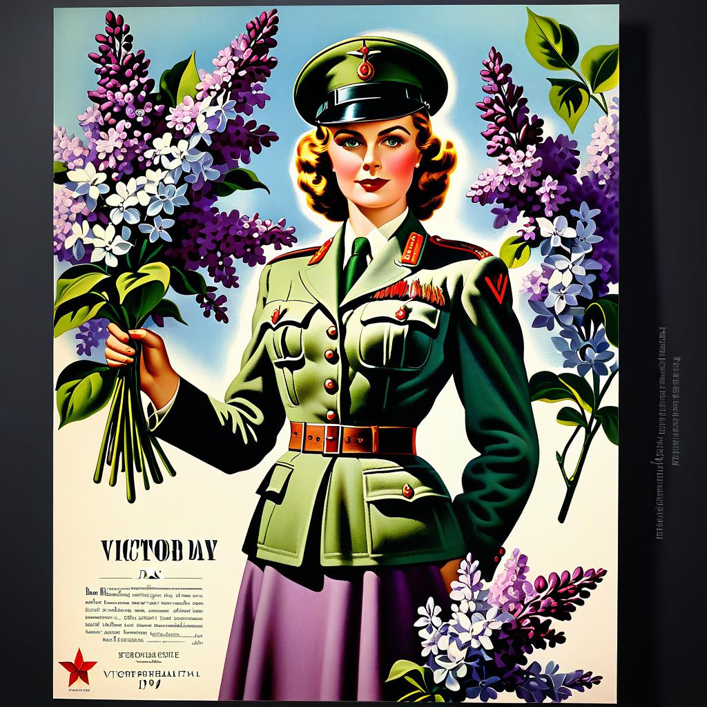  Advertising poster style Victory Day, postcard,covert,letter,salute,lilacs,1945 May,spring. . Professional, modern, product focused, commercial, eye catching, highly detailed hyperrealistic, full body, detailed clothing, highly detailed, cinematic lighting, stunningly beautiful, intricate, sharp focus, f/1. 8, 85mm, (centered image composition), (professionally color graded), ((bright soft diffused light)), volumetric fog, trending on instagram, trending on tumblr, HDR 4K, 8K