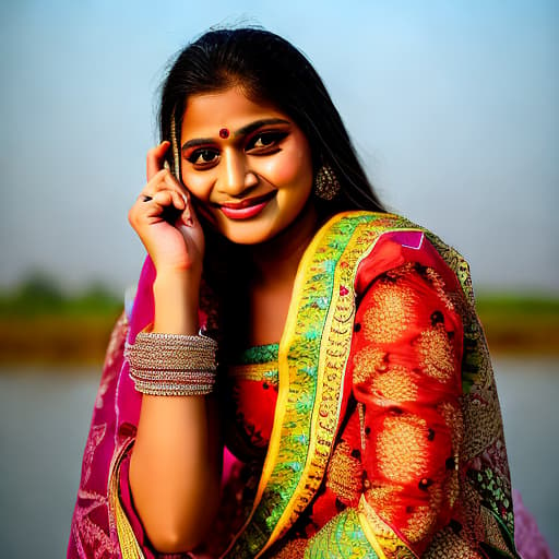 portrait+ style a dusky Gujarati Indian model with fresh flowers in her hair wearing no jewelry, standing on the banks of a river in Gujarat, India