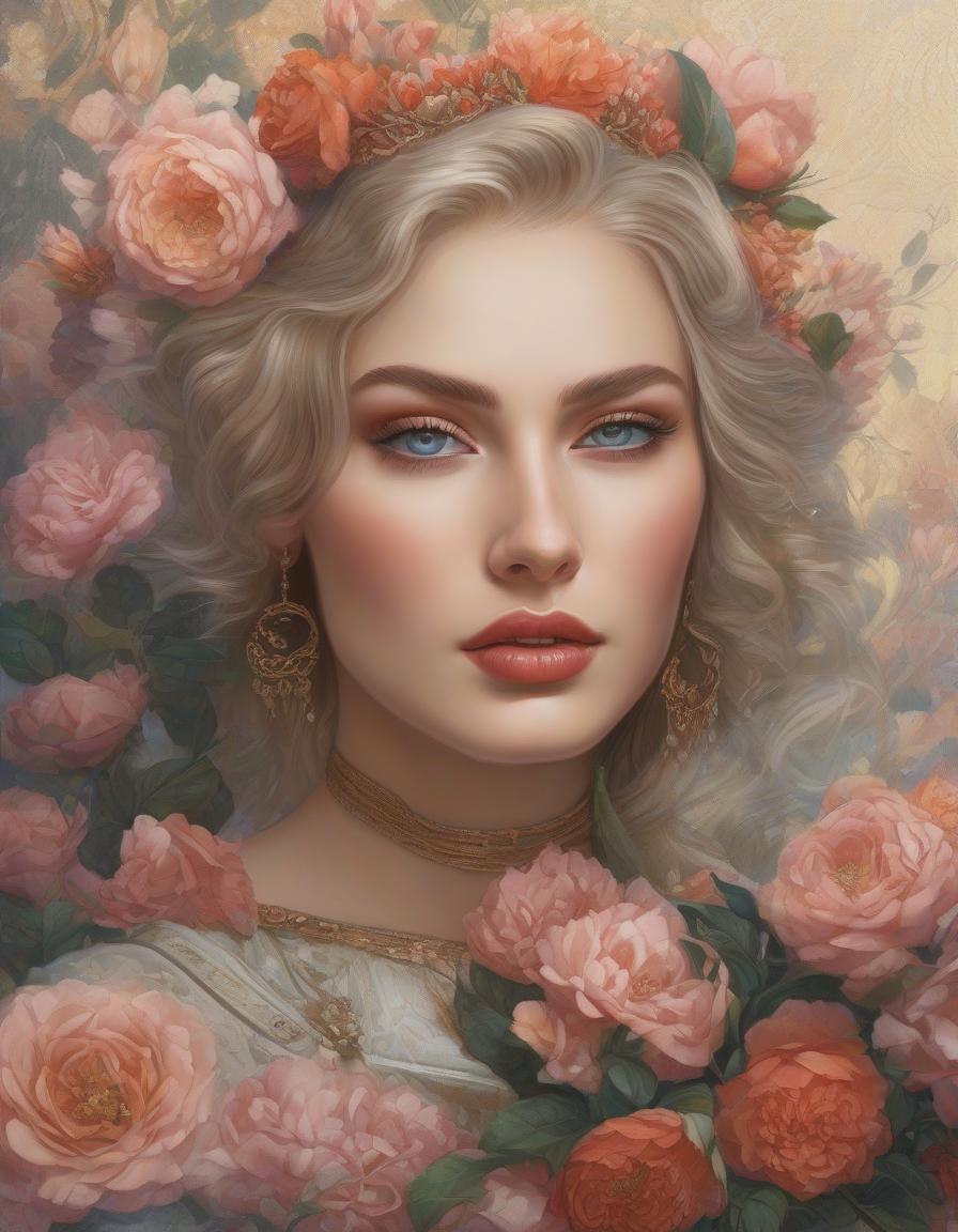  Russia. Oil and canvas Russian beauty with a bouquet of flowers, in a garden in the style of Janet Kruskamp, focus on the eyes, long lashes, gentle smile. filigree, boho, vintage, drawing, cosy, aesthetic, digital painting, wax painting, pixel graphics, subdued lighting, professional photo, high resolution, high detail hyperrealistic, full body, detailed clothing, highly detailed, cinematic lighting, stunningly beautiful, intricate, sharp focus, f/1. 8, 85mm, (centered image composition), (professionally color graded), ((bright soft diffused light)), volumetric fog, trending on instagram, trending on tumblr, HDR 4K, 8K