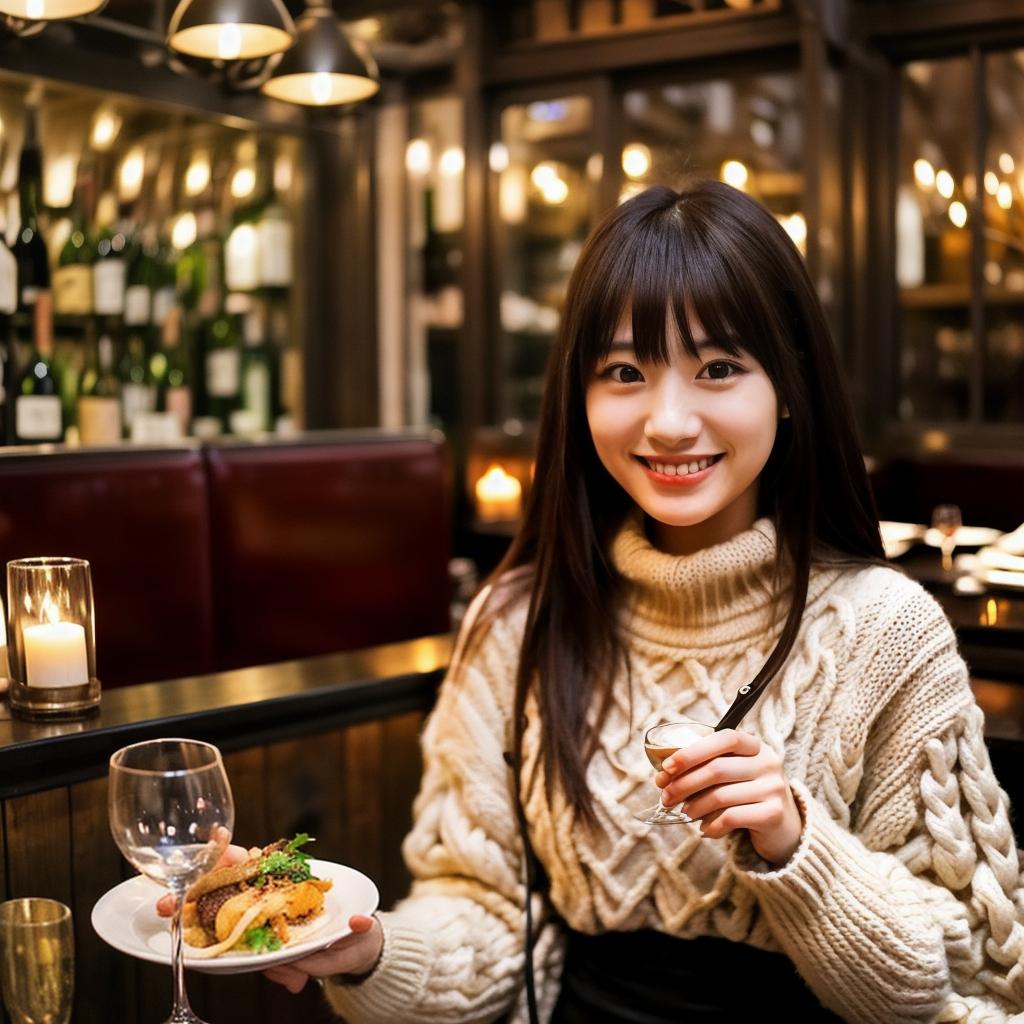  a realistic photo of a young Japanese woman, aged 25, with long dark brown hair with bangs and black eyes, 160cm tall, smiling, wearing white knitwear, at a dark and atmospheric luxurious French restaurant, dinner dishes, wine glass