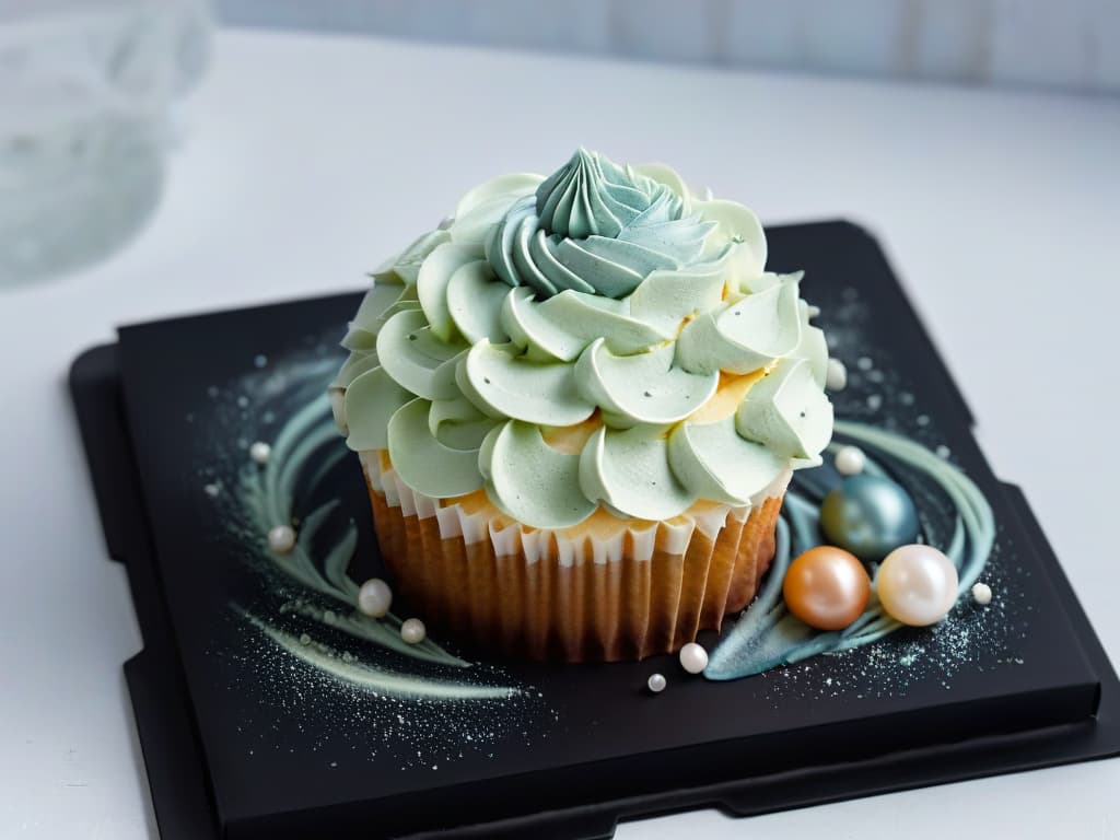  A closeup, ultradetailed image of a perfectly frosted cupcake with intricate swirls of pastelcolored buttercream, delicately placed on a sleek, matte black platter. The frosting is adorned with tiny, shimmering edible pearls, and the background fades into soft focus, highlighting the meticulous craftsmanship and elegant simplicity of the dessert. hyperrealistic, full body, detailed clothing, highly detailed, cinematic lighting, stunningly beautiful, intricate, sharp focus, f/1. 8, 85mm, (centered image composition), (professionally color graded), ((bright soft diffused light)), volumetric fog, trending on instagram, trending on tumblr, HDR 4K, 8K