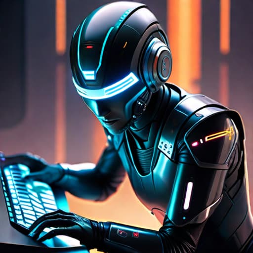  in a cyberpunk setting, A sleek, advanced android with metallic limbs and glowing circuitry leaned forward, its fingers deftly navigating a holographic keyboard, surrounded by a futuristic interface displaying streams of data.