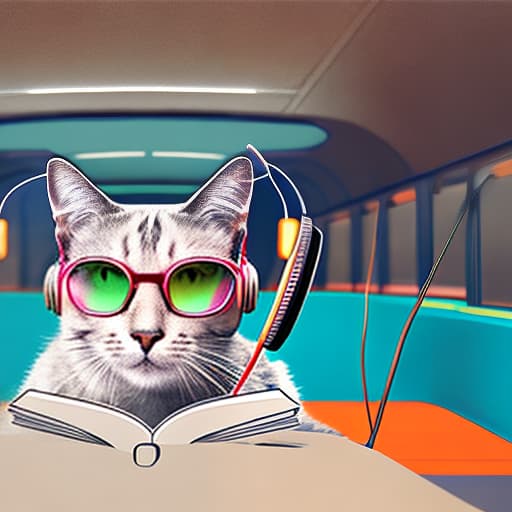 nvinkpunk Realistic image of a cat wearing headphones and reading glasses while riding a bus.