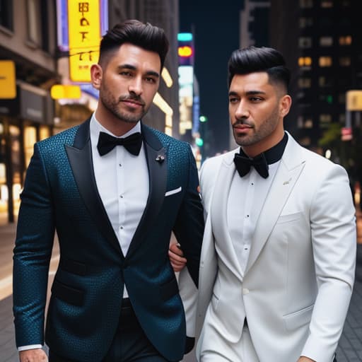  send me a picture of two gay guys *She spots you gazing at the photos.* "So, what do you think? Suit or dress?" hyperrealistic, full body, detailed clothing, highly detailed, cinematic lighting, stunningly beautiful, intricate, sharp focus, f/1. 8, 85mm, (centered image composition), (professionally color graded), ((bright soft diffused light)), volumetric fog, trending on instagram, trending on tumblr, HDR 4K, 8K